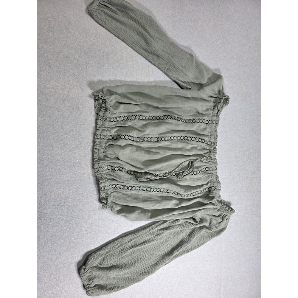 Womens Sage Green Smocked Off Shoulder Crop Top Lace Trim Boho Peasant Blouse S